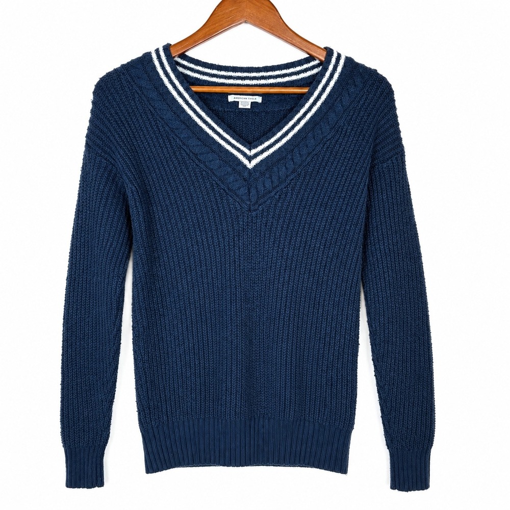 American Eagle Womens Sweater SZ Tennis Academia Navy V Neck Preppy Collegiate